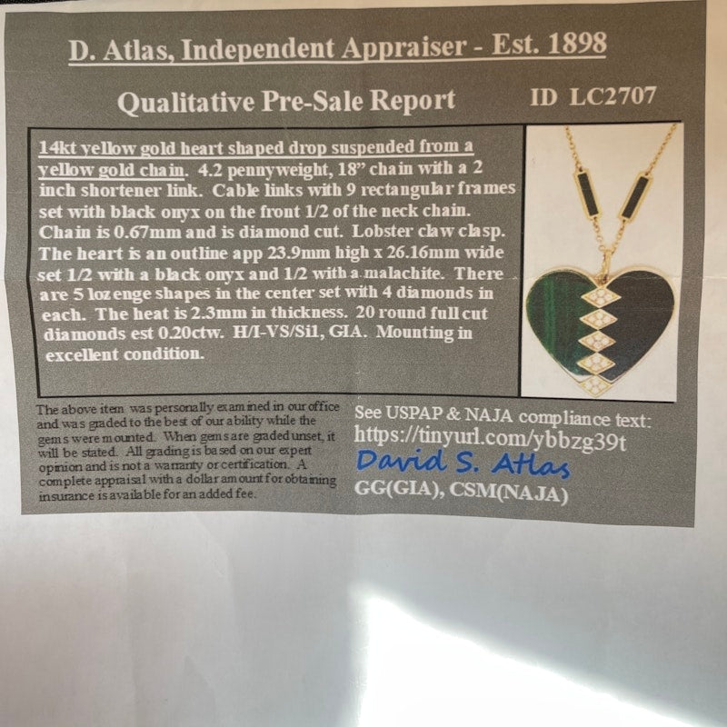 Malachite and Black Agate Diamond Heart Pendant Necklace