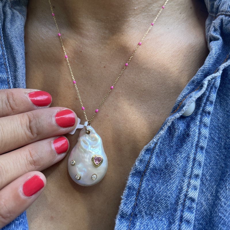 14k Diamond and Pink Heart Tourmaline Baroque Pearl Pendant