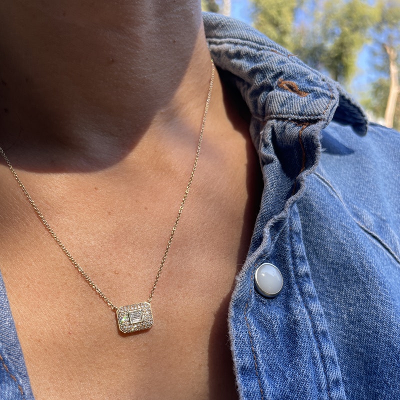 14k Yellow Gold Baguette and Pave Diamond Rectangle Necklace