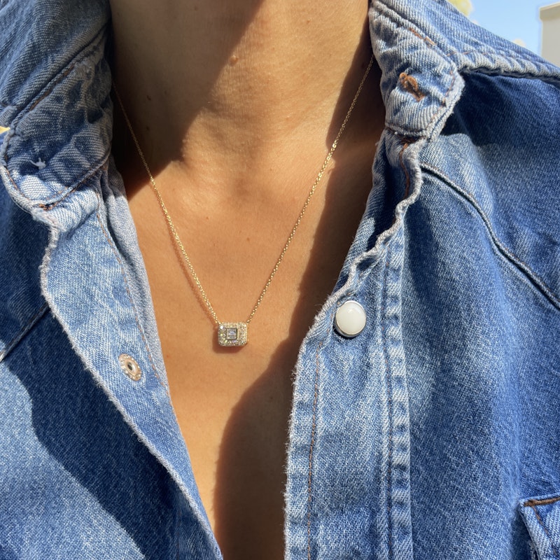 14k Yellow Gold Baguette and Pave Diamond Rectangle Necklace