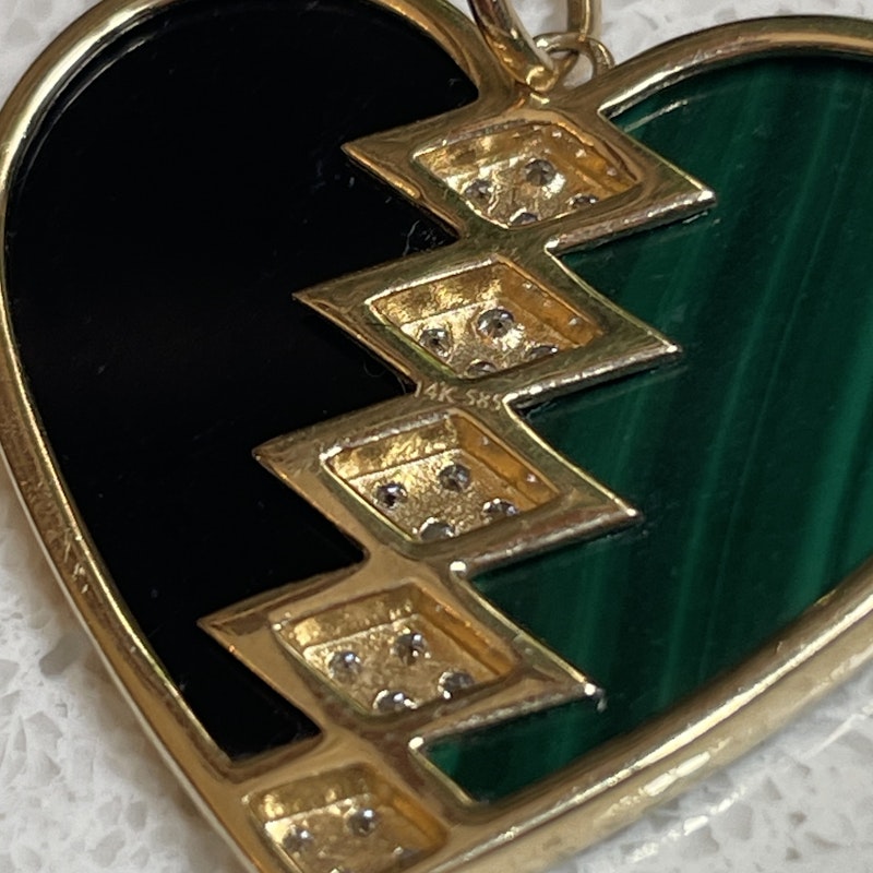Malachite and Black Agate Diamond Heart Pendant Necklace