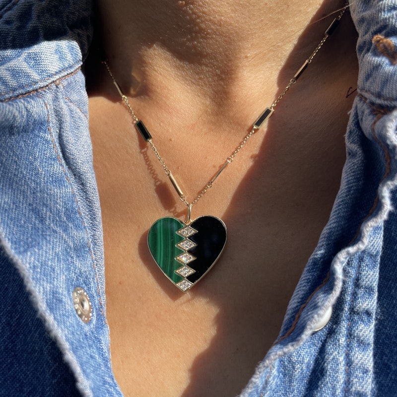 Malachite and Black Agate Diamond Heart Pendant Necklace