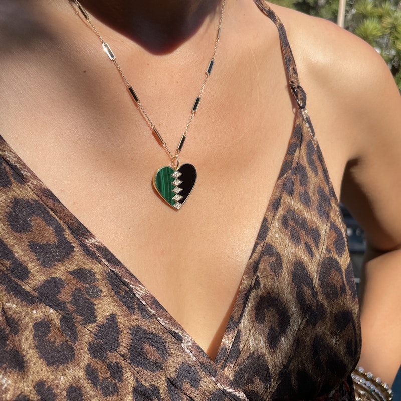 Malachite and Black Agate Diamond Heart Pendant Necklace