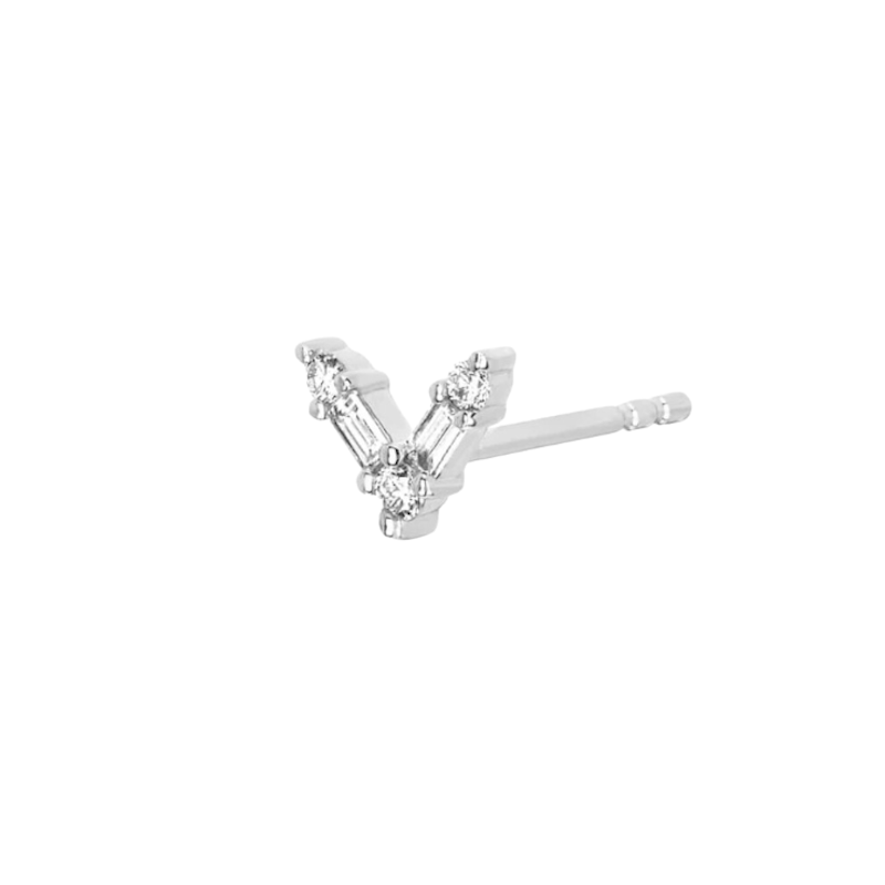EF Collection 14k White Gold Diamond Baguette Chevron Stud, Single