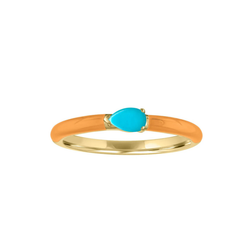 My Story "Quinn" Sunflower Enamel Pear Shaped Turquoise Ring, size 7