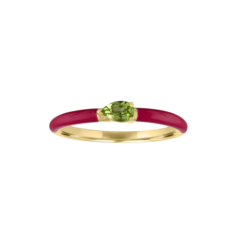 My Story "Quinn" Fuschia Enamel Pear Shaped Peridot Ring, size 7