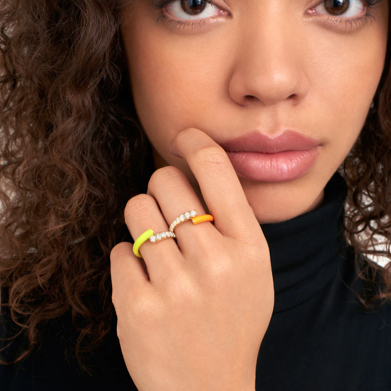 Melissa Kaye Neon Yellow Lola Enamel and Diamond Ring, sz 6.5