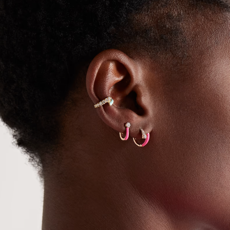 Melissa Kaye Neon Pink and 18k Rose Gold Aria U Huggie Hoop