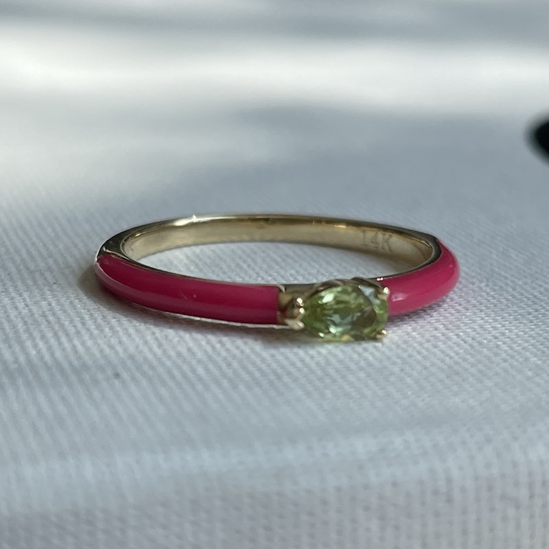 My Story "Quinn" Fuschia Enamel Pear Shaped Peridot Ring, size 7