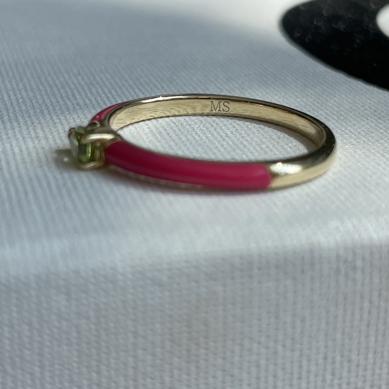 My Story "Quinn" Fuschia Enamel Pear Shaped Peridot Ring, size 7