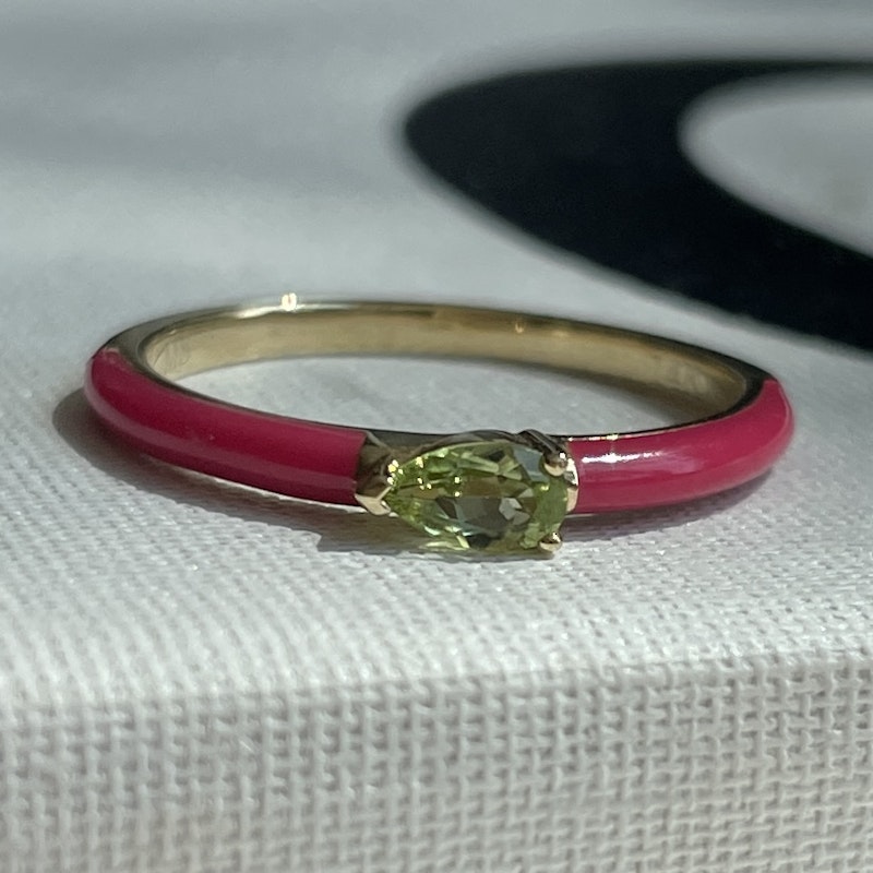 My Story "Quinn" Fuschia Enamel Pear Shaped Peridot Ring, size 7