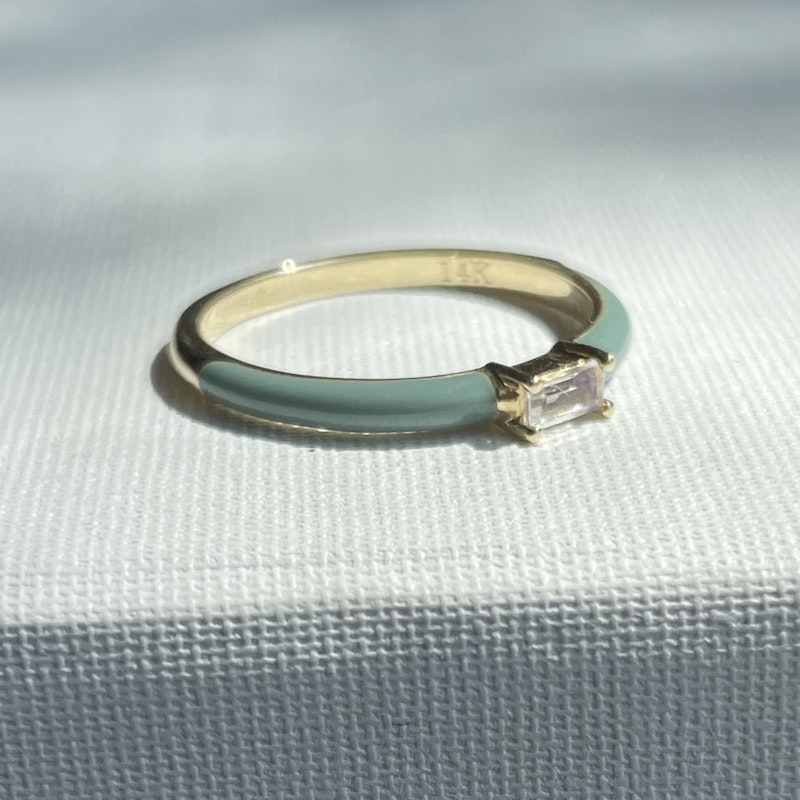 My Story "Quinn" Pebble Enamel Baguette Moonstone Ring, size 7