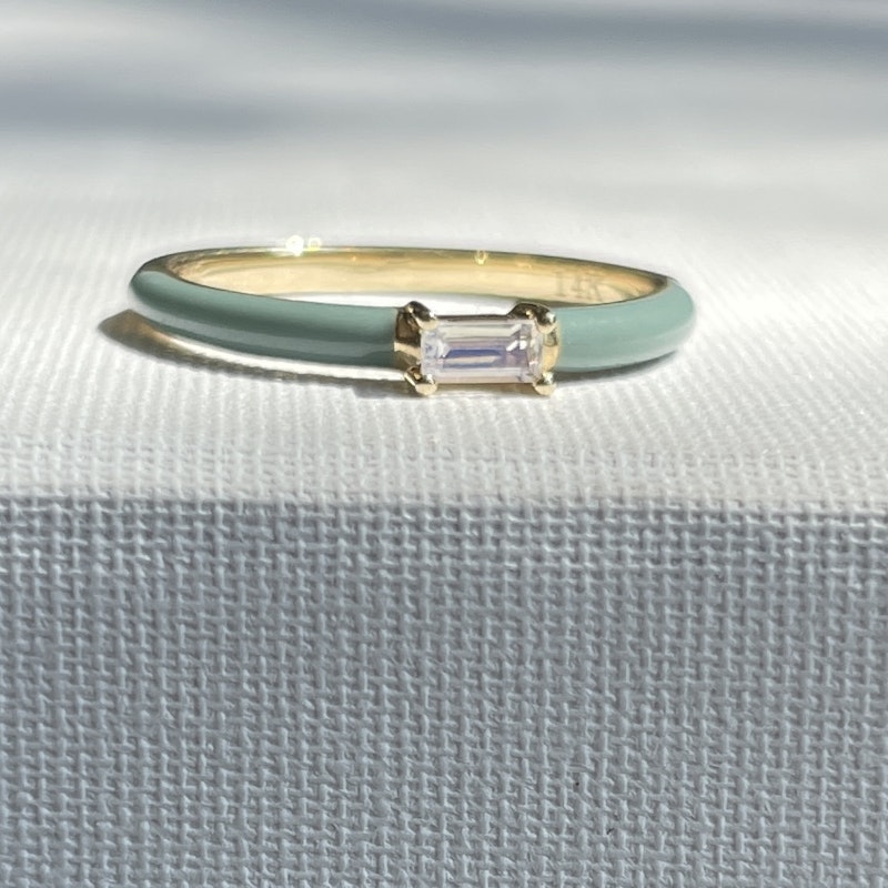 My Story "Quinn" Pebble Enamel Baguette Moonstone Ring, size 7