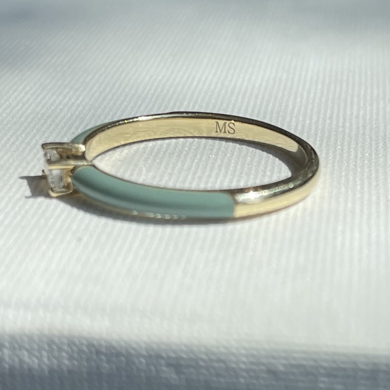 My Story "Quinn" Pebble Enamel Baguette Moonstone Ring, size 7