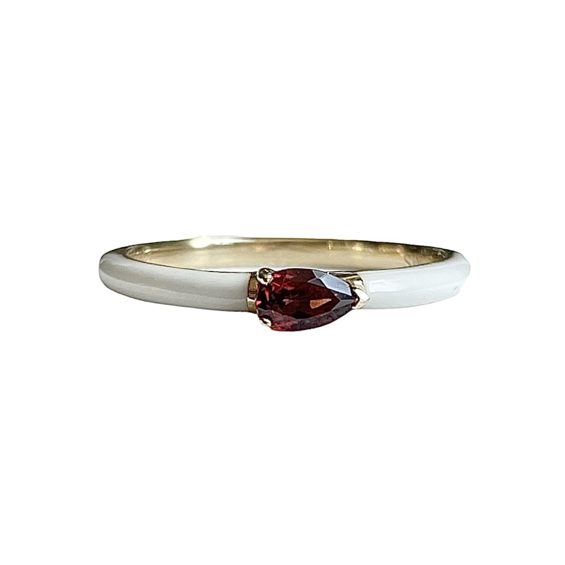 My Story "Quinn" Snow Enamel Pear Shaped Garnet Ring, size 7