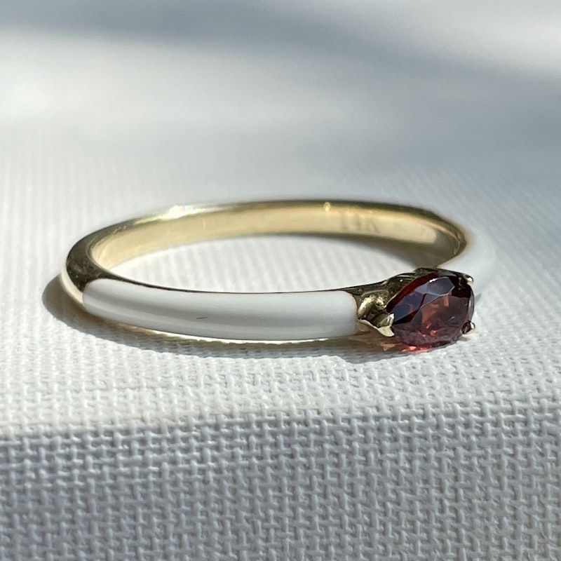My Story "Quinn" Snow Enamel Pear Shaped Garnet Ring, size 7