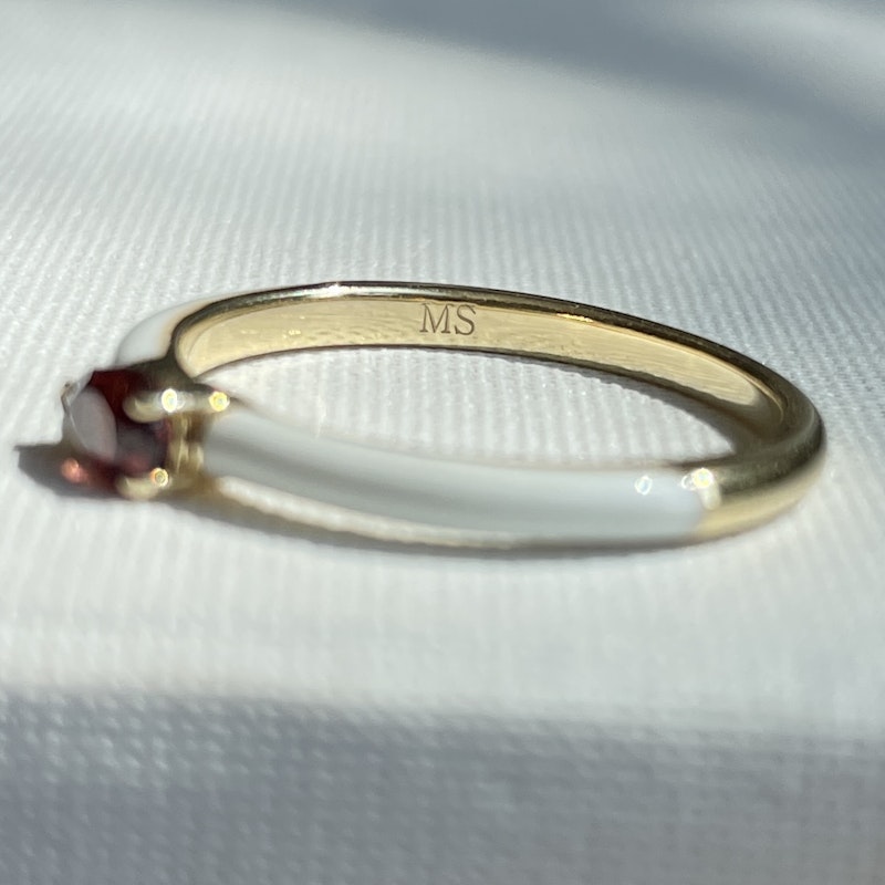 My Story "Quinn" Snow Enamel Pear Shaped Garnet Ring, size 7