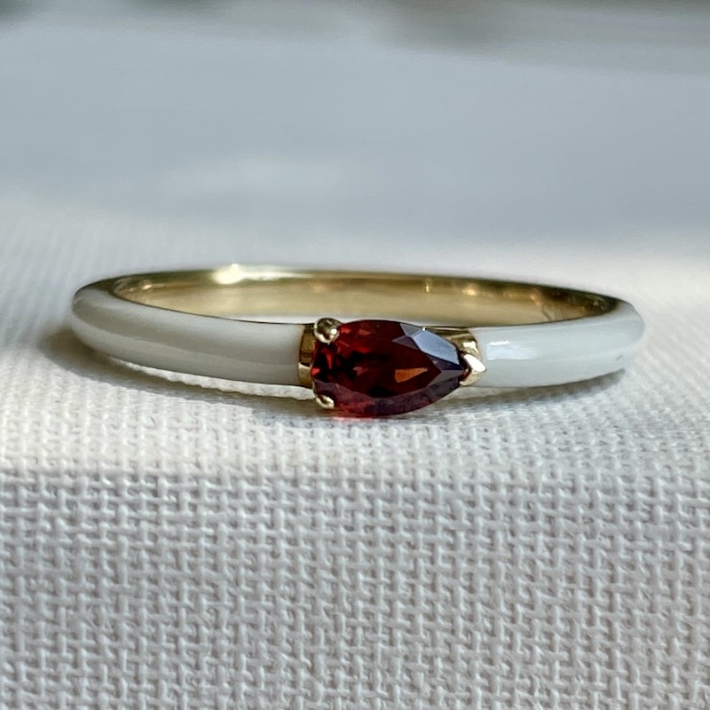 My Story "Quinn" Snow Enamel Pear Shaped Garnet Ring, size 7