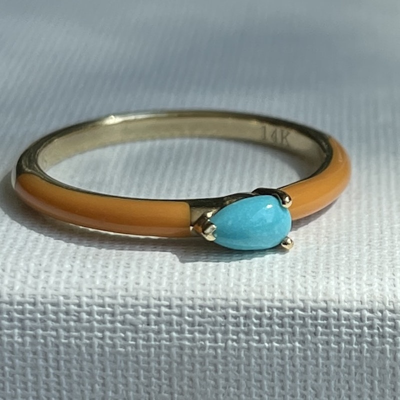 My Story "Quinn" Sunflower Enamel Pear Shaped Turquoise Ring, size 7