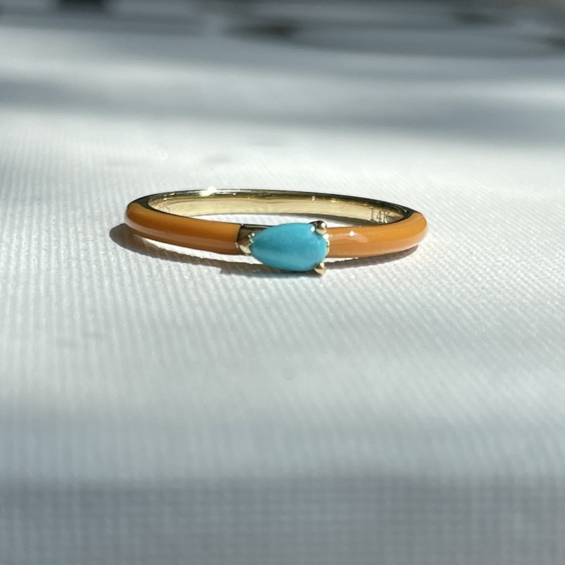 My Story "Quinn" Sunflower Enamel Pear Shaped Turquoise Ring, size 7