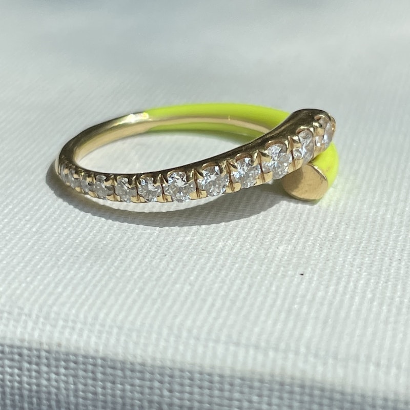 Melissa Kaye Neon Yellow Lola Enamel and Diamond Ring, sz 6.5