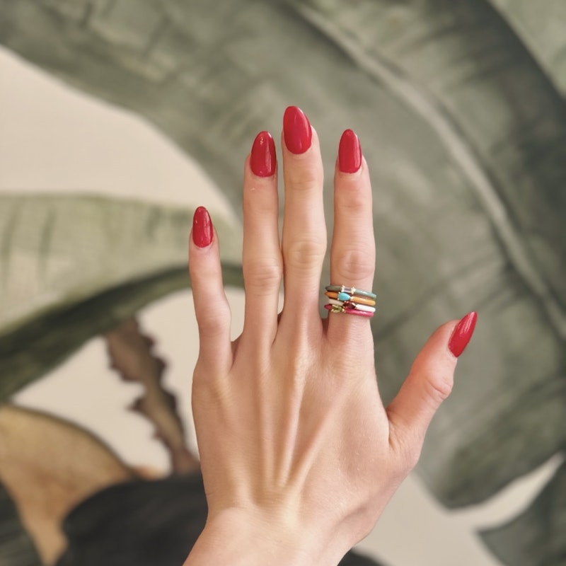 My Story "Quinn" Pebble Enamel Baguette Moonstone Ring, size 7