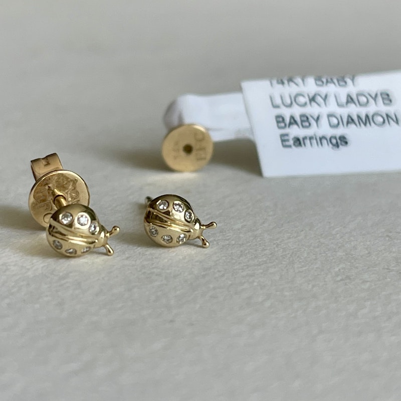 EF Collection 14k Yellow Gold Diamond Baby Lucky Ladybug Stud Earring