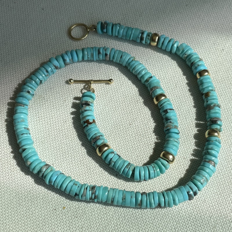 18k Yellow Gold Turquoise Beaded Disc Necklace