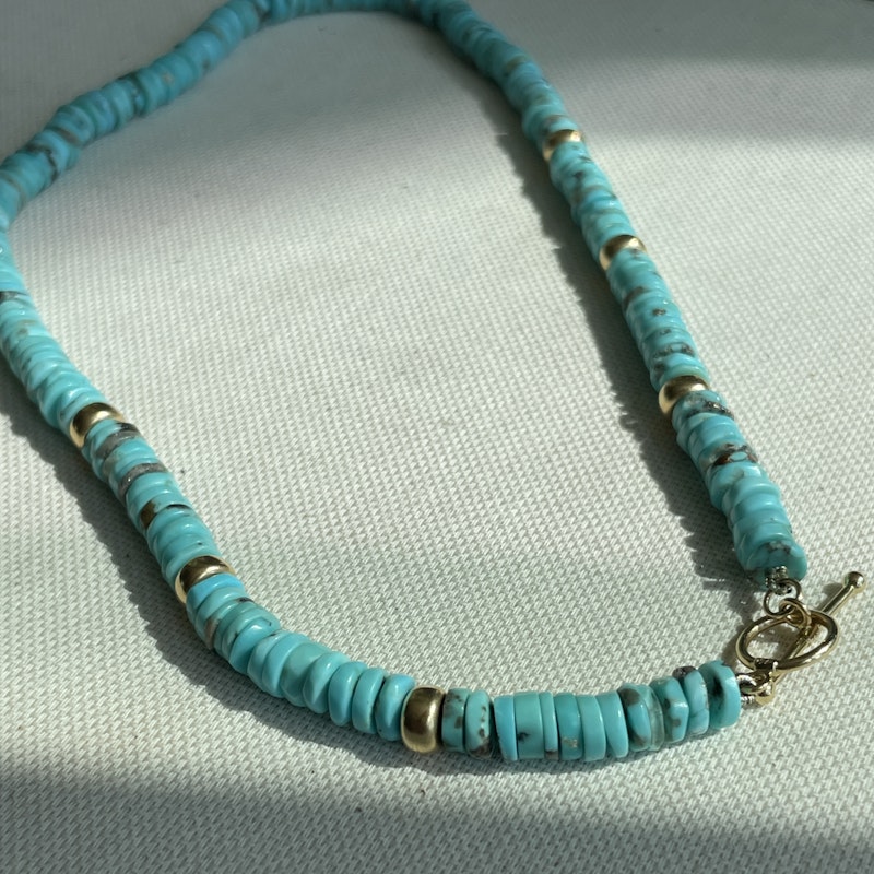 18k Yellow Gold Turquoise Beaded Disc Necklace