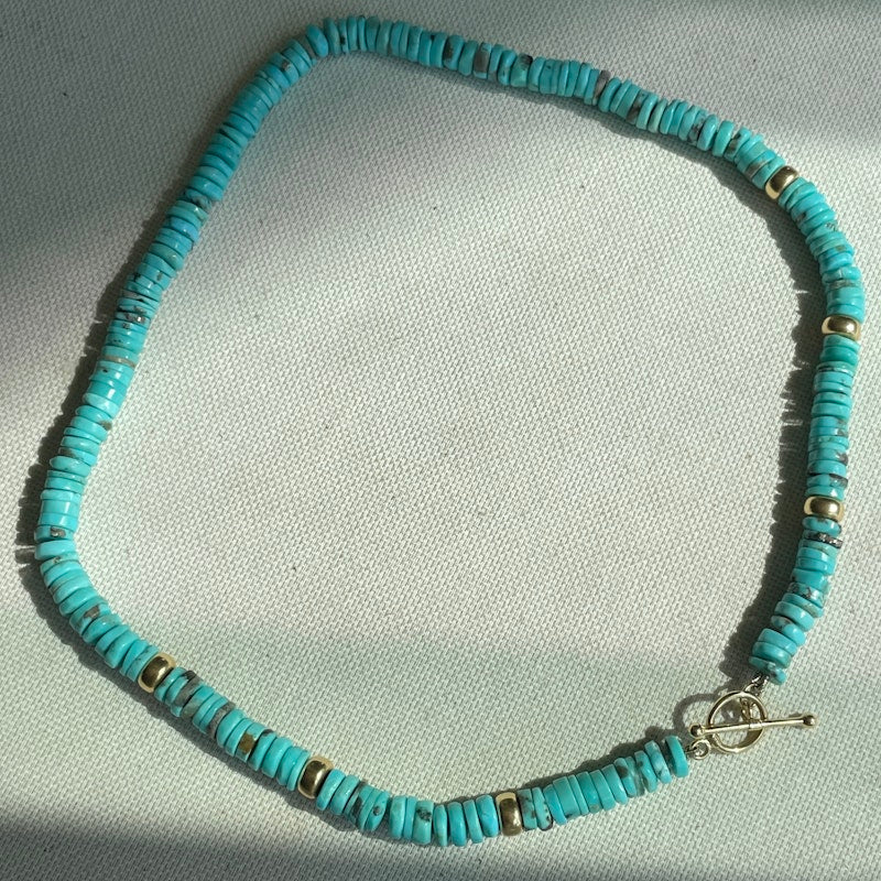 18k Yellow Gold Turquoise Beaded Disc Necklace