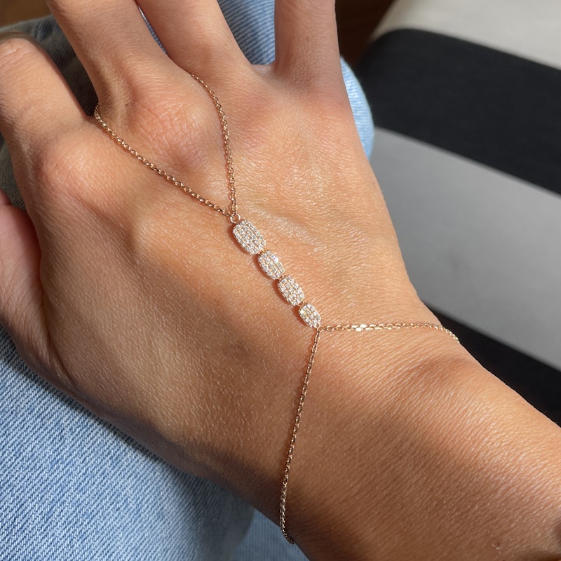 18k Rose Gold Hand Chain Bracelet with Four Pavé Diamond Rectangles