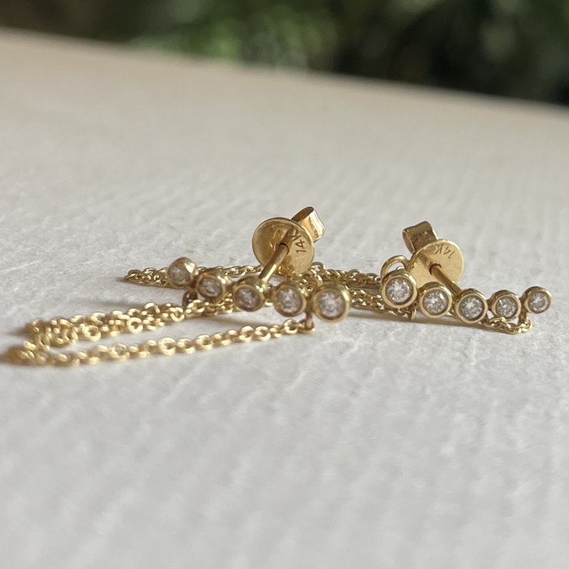 14k Yellow Gold Double Chain Bezel Diamond Climber Earrings