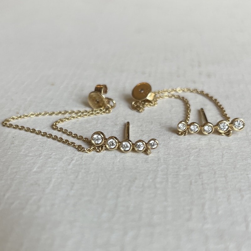 14k Yellow Gold Double Chain Bezel Diamond Climber Earrings