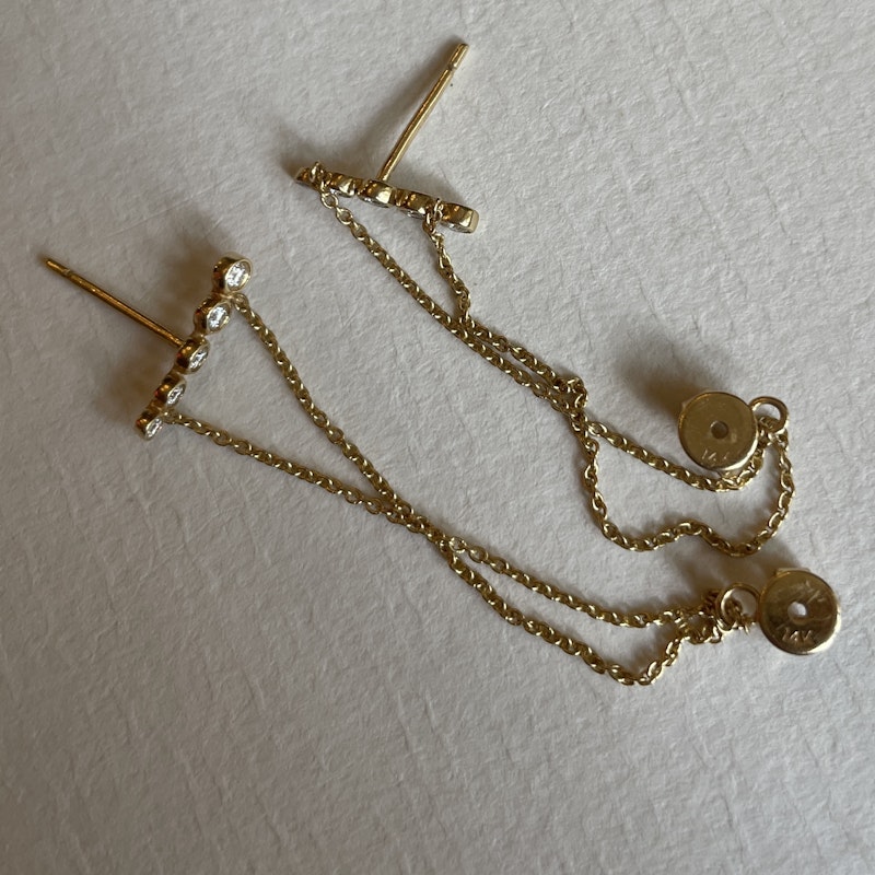 14k Yellow Gold Double Chain Bezel Diamond Climber Earrings