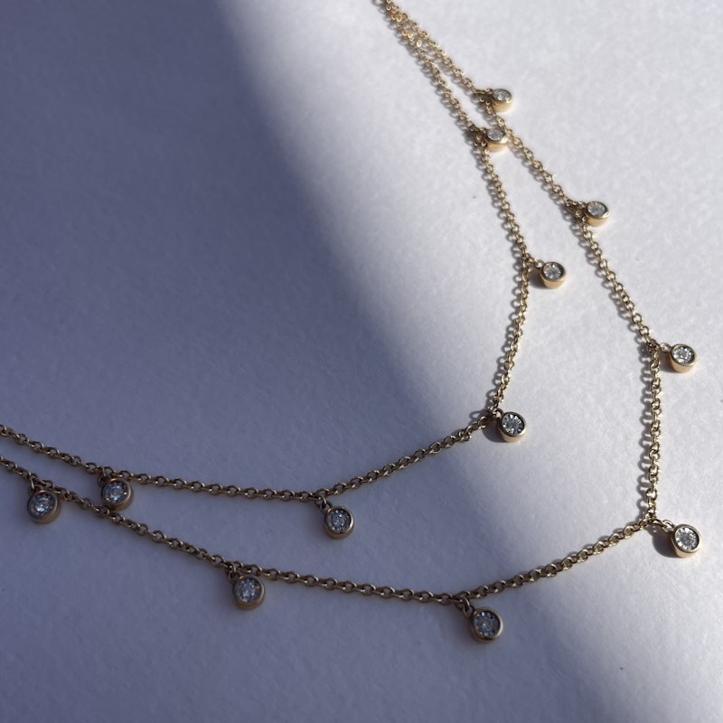 14k Yellow Gold Two Layer Diamond Droplet Necklace