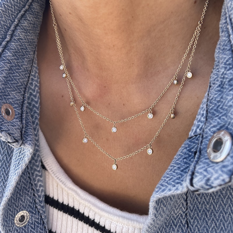 14k Yellow Gold Two Layer Diamond Droplet Necklace