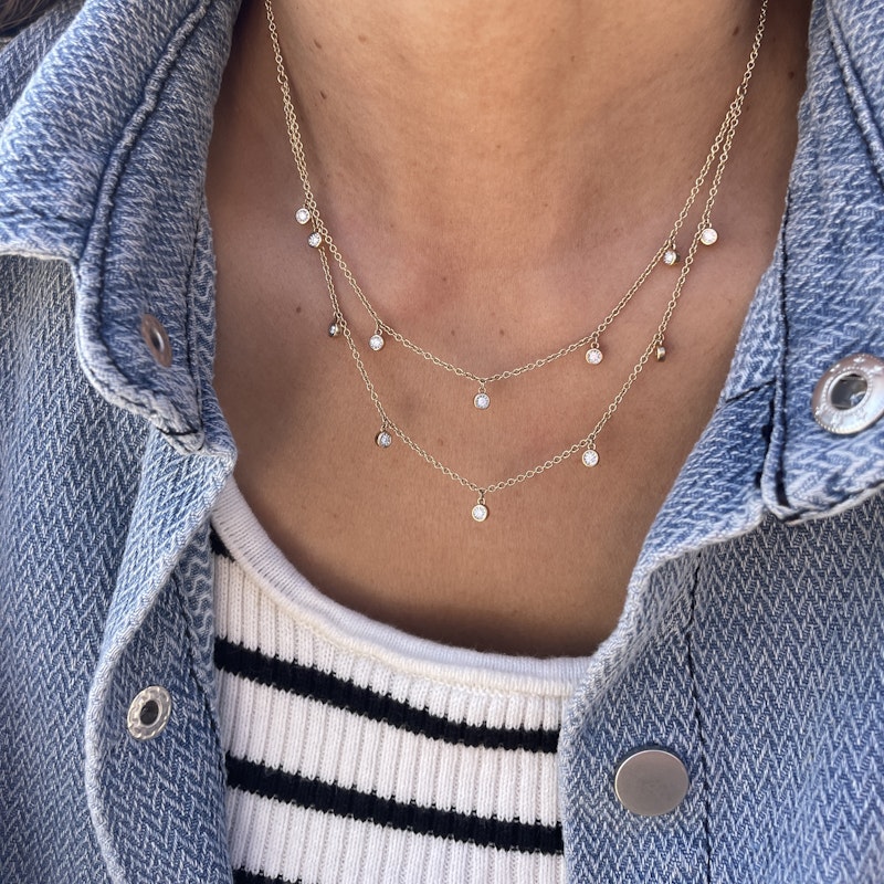 14k Yellow Gold Two Layer Diamond Droplet Necklace