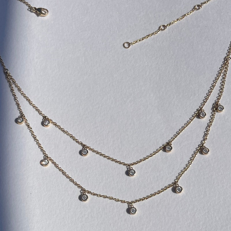14k Yellow Gold Two Layer Diamond Droplet Necklace