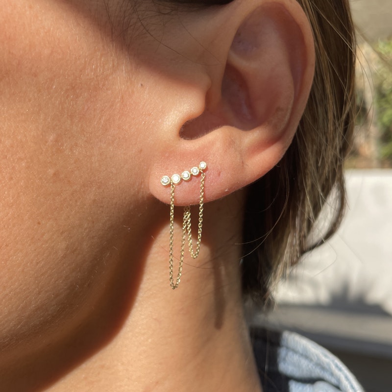 14k Yellow Gold Double Chain Bezel Diamond Climber Earrings