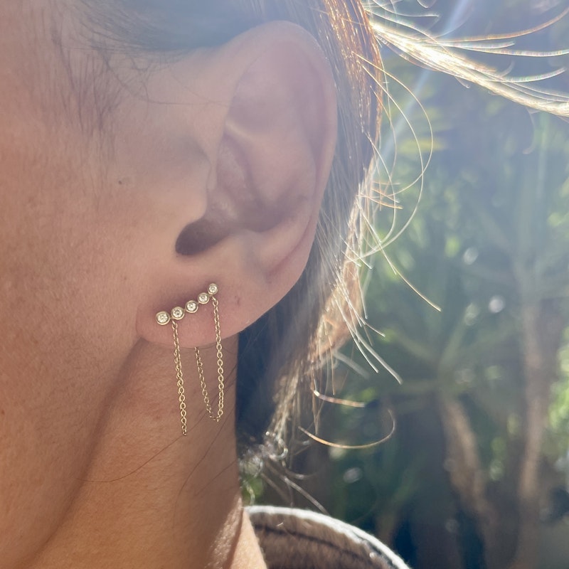 14k Yellow Gold Double Chain Bezel Diamond Climber Earrings