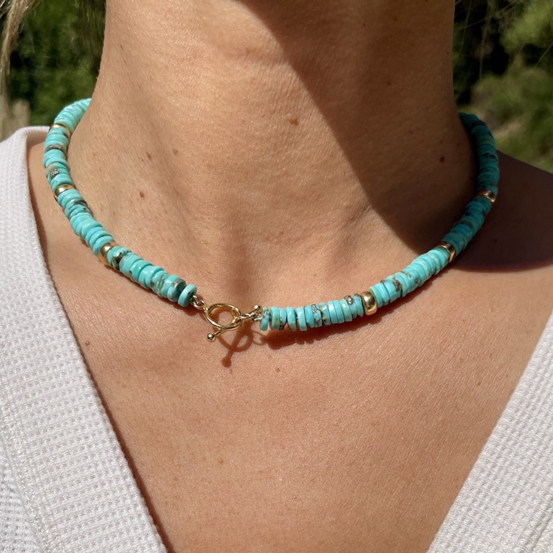 18k Yellow Gold Turquoise Beaded Disc Necklace