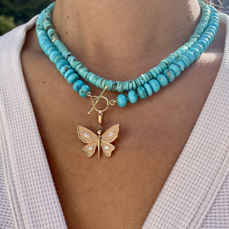 18k Yellow Gold Turquoise Beaded Disc Necklace
