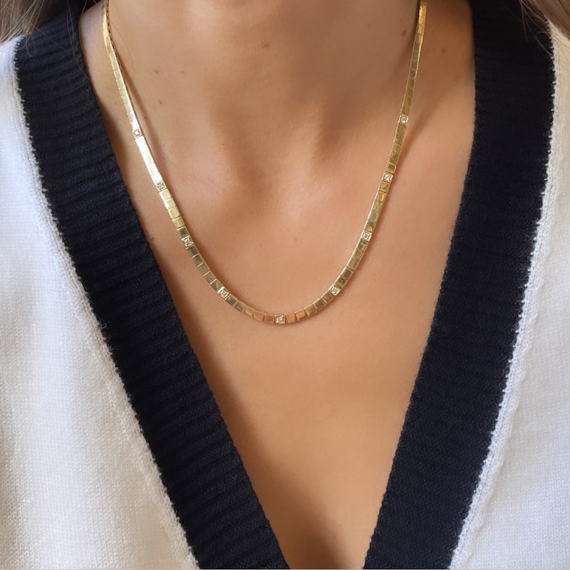 14k Yellow Gold Flatline Square Link Diamond Necklace