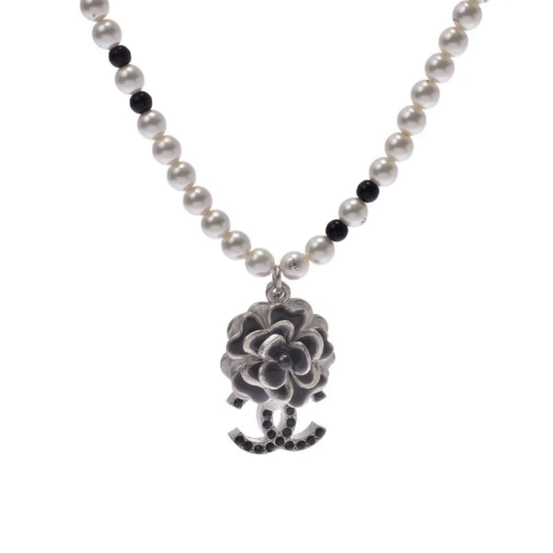 Chanel Faux Pearl Necklace with Silver Camellia CC Pendant