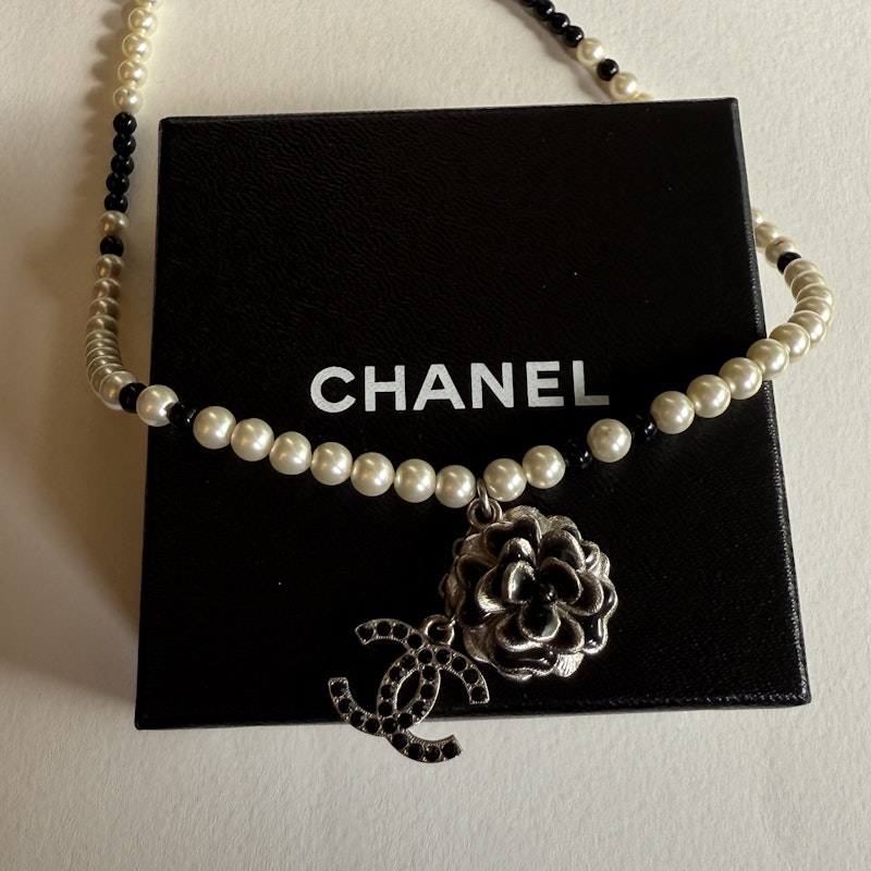 Chanel Faux Pearl Necklace with Silver Camellia CC Pendant