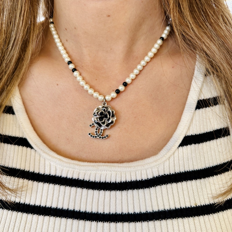 Chanel Faux Pearl Necklace with Silver Camellia CC Pendant