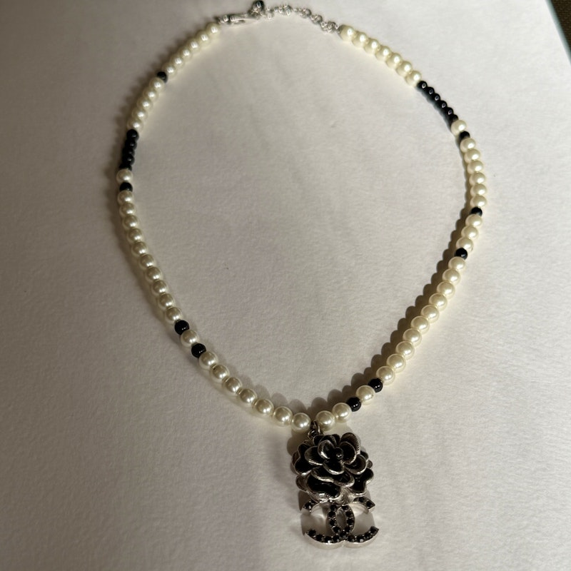 Chanel Faux Pearl Necklace with Silver Camellia CC Pendant