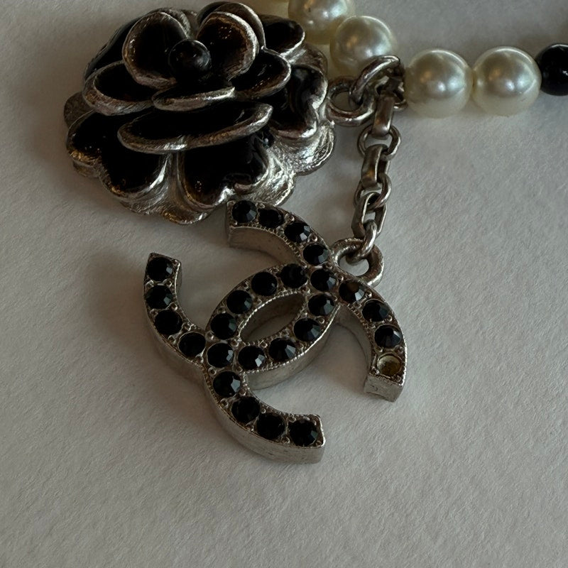 Chanel Faux Pearl Necklace with Silver Camellia CC Pendant