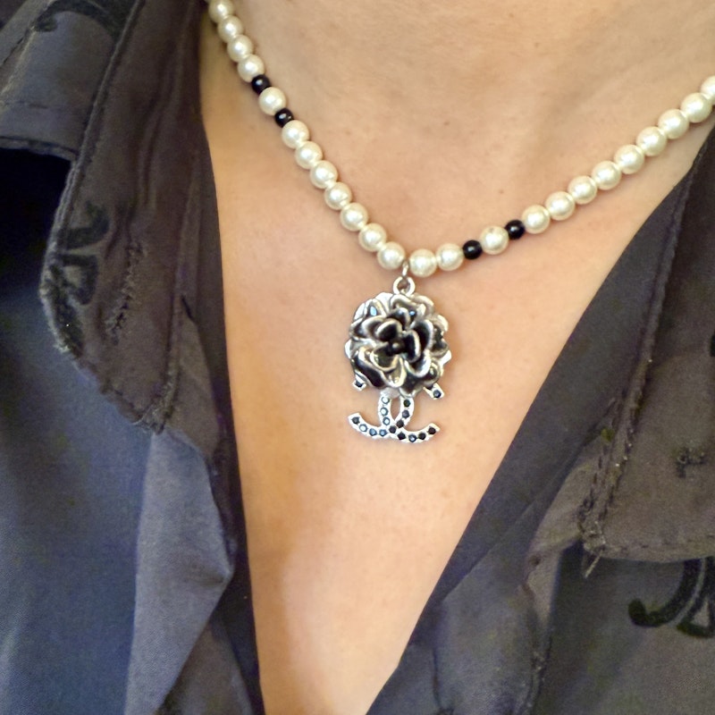 Chanel Faux Pearl Necklace with Silver Camellia CC Pendant