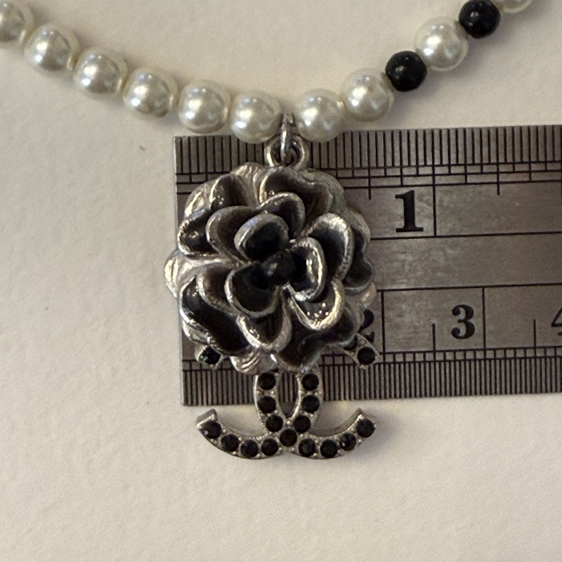 Chanel Faux Pearl Necklace with Silver Camellia CC Pendant